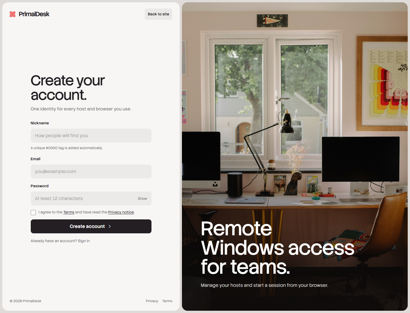 Current PrimalDesk account creation form with nickname, email and password fields