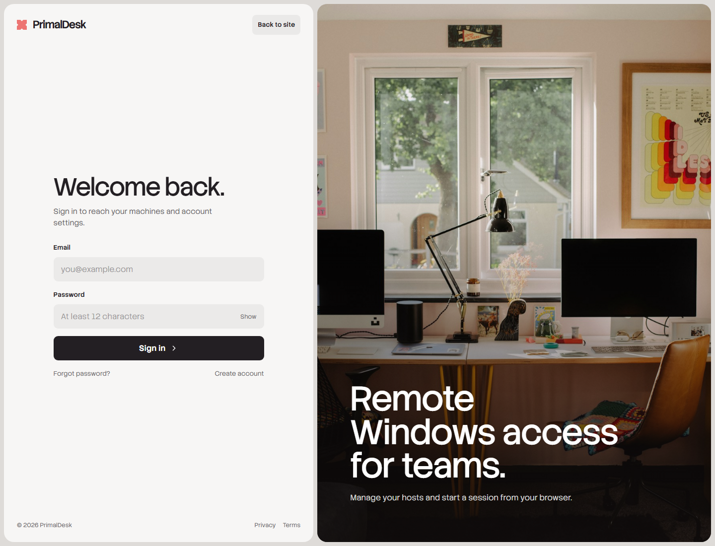 Current PrimalDesk sign-in form with email and password fields